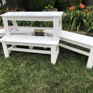 white benches