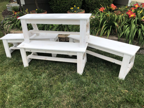 white benches
