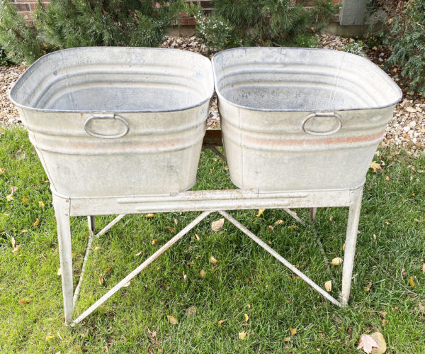 Large Galvanized Two Tub Metal Bucket on Stand-$20