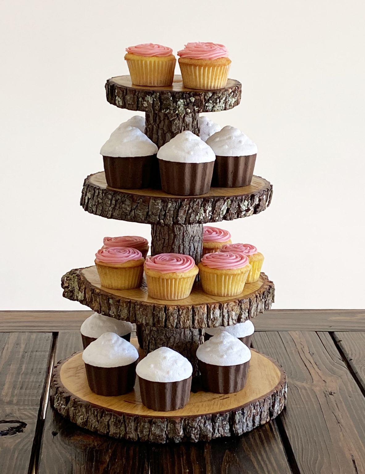 4 Tier Log Slice Rustic Cake and Cupcake Stand-$25